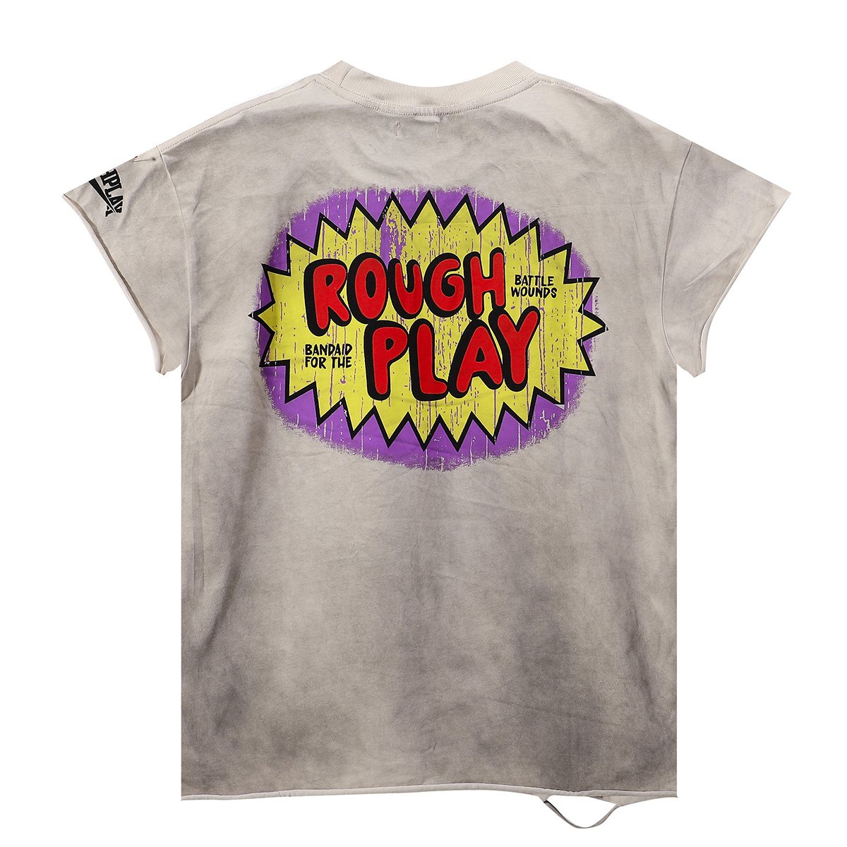 Rough Play Rhinestone Cartoon Graphic Distressed T-Shirt — back