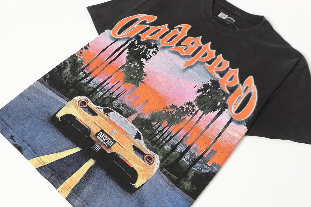 Godspeed Washed Black Racing Car Graphic T-Shirt — front