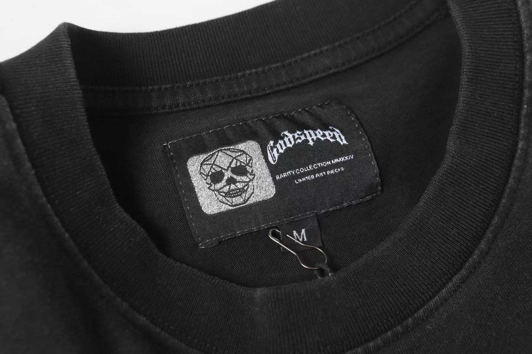 Godspeed Street Graffiti Skeleton Car Graphic T-Shirt — neck_label
