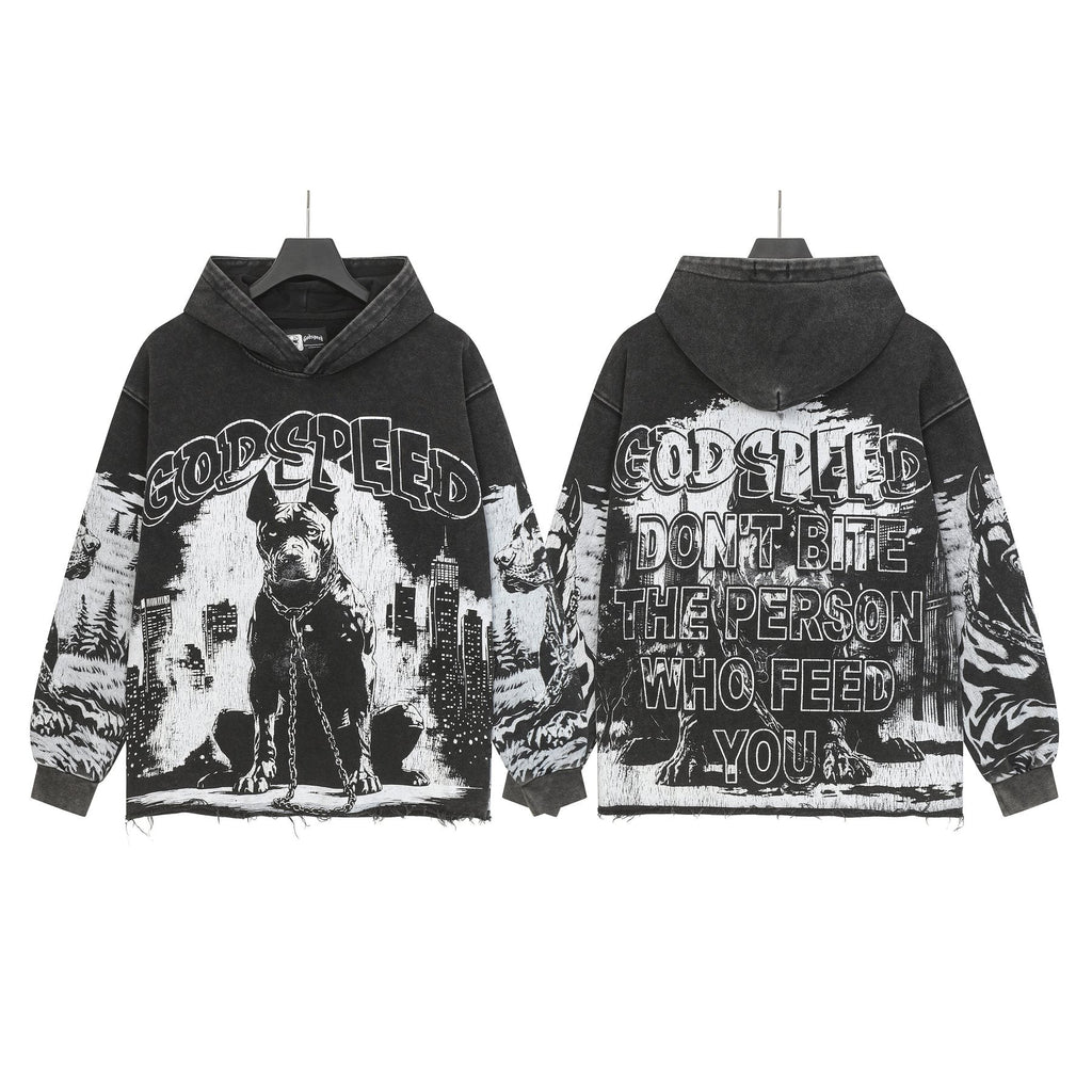 Godspeed Dog & City Graphic Raw-Hem Hoodie — front