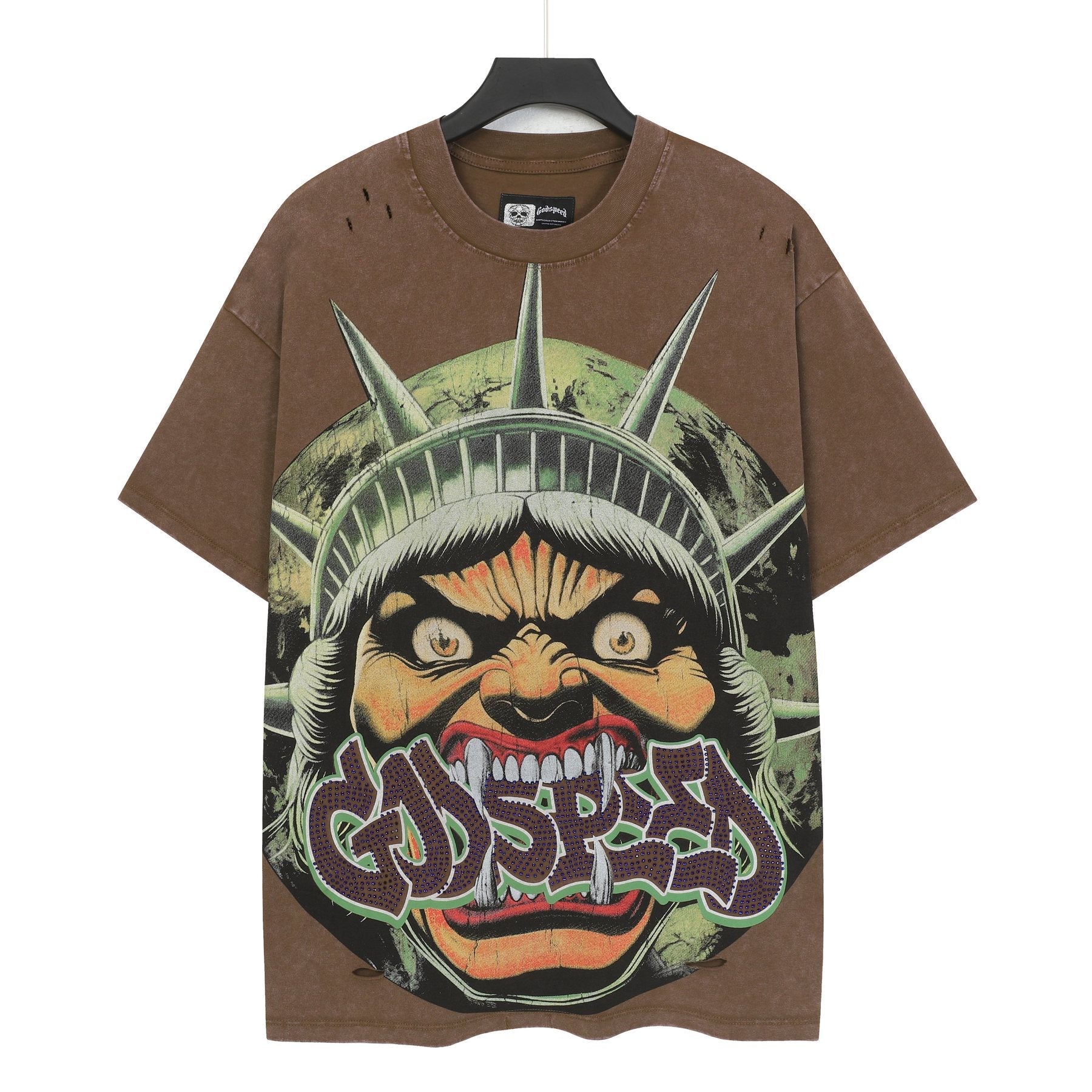 Godspeed Distressed Rhinestone Graphic T-Shirt — front