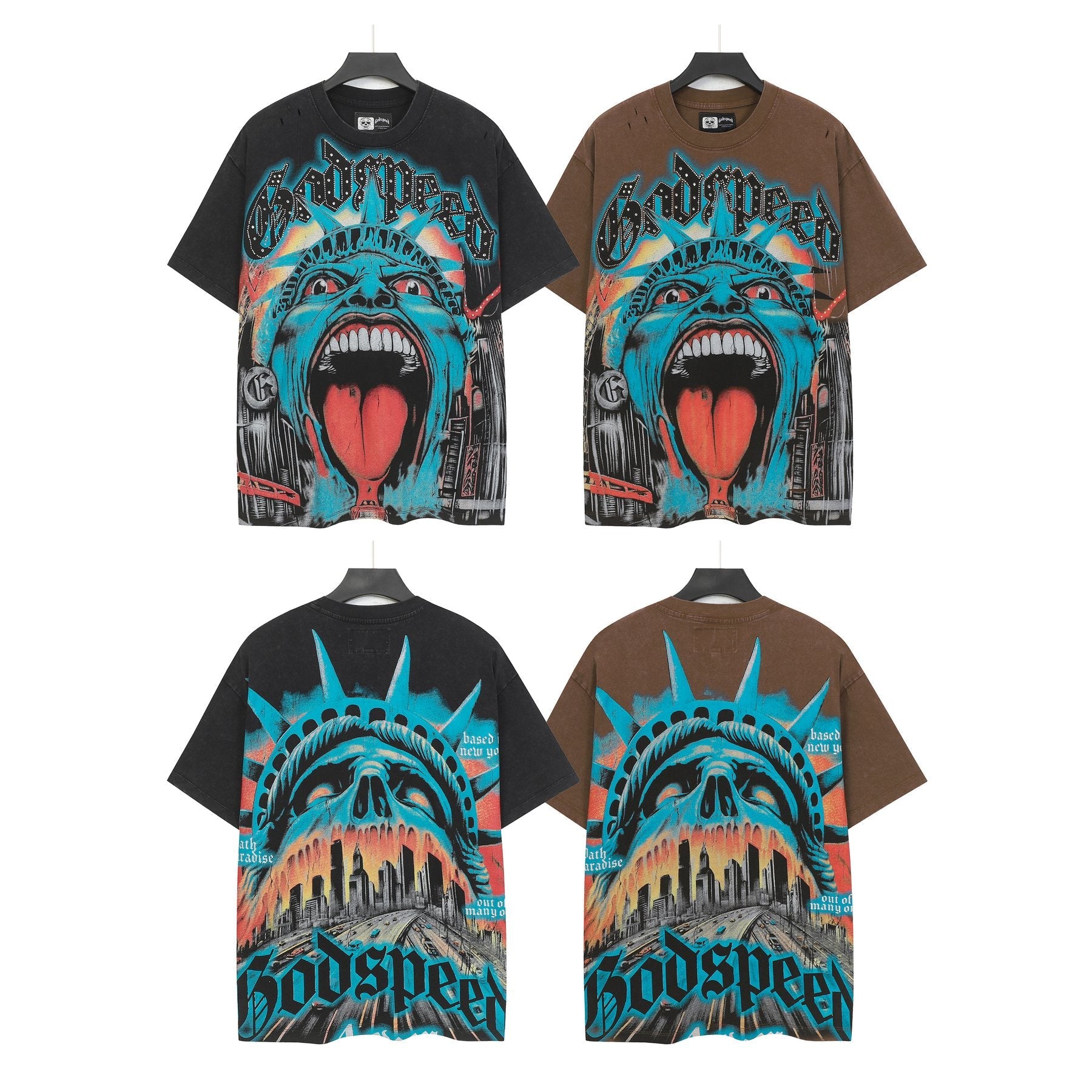Godspeed Distressed Rhinestone Graphic T-Shirt — context