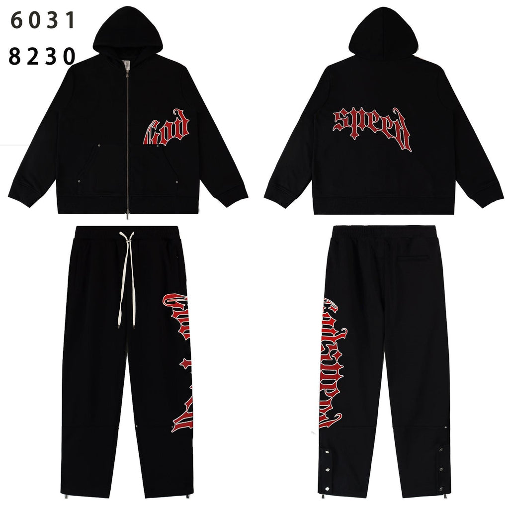 Godspeed Red Gothic Print Zip Hoodie Tracksuit Set — front