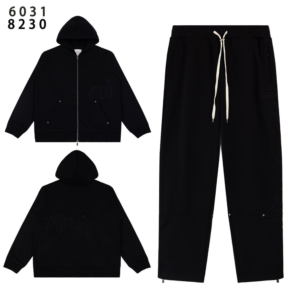 Godspeed Tonal Black Gothic Zip Hoodie Tracksuit Set — front