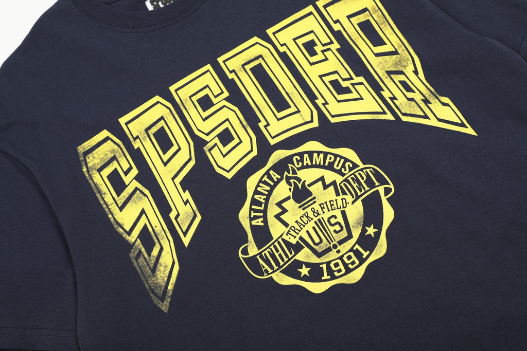 Sp5der Yellow Front Graphic Navy T-Shirt — detail