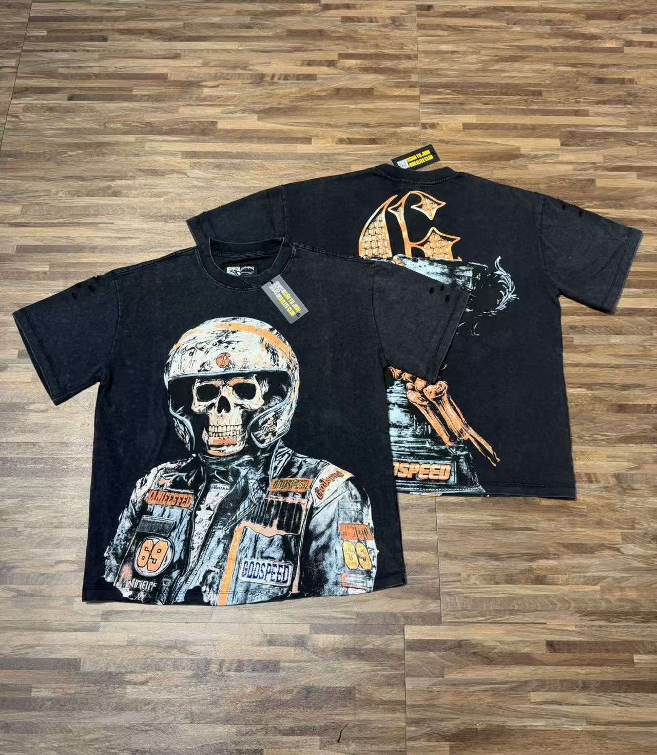 Godspeed Distressed Rhinestone Graphic T-Shirt — context