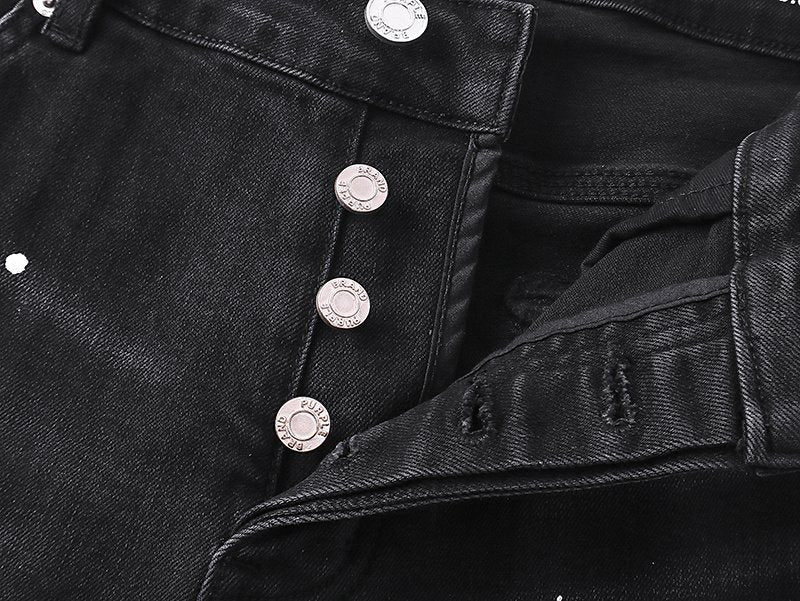 Purple Brand Black Paint-Splatter Distressed Denim Shorts — detail