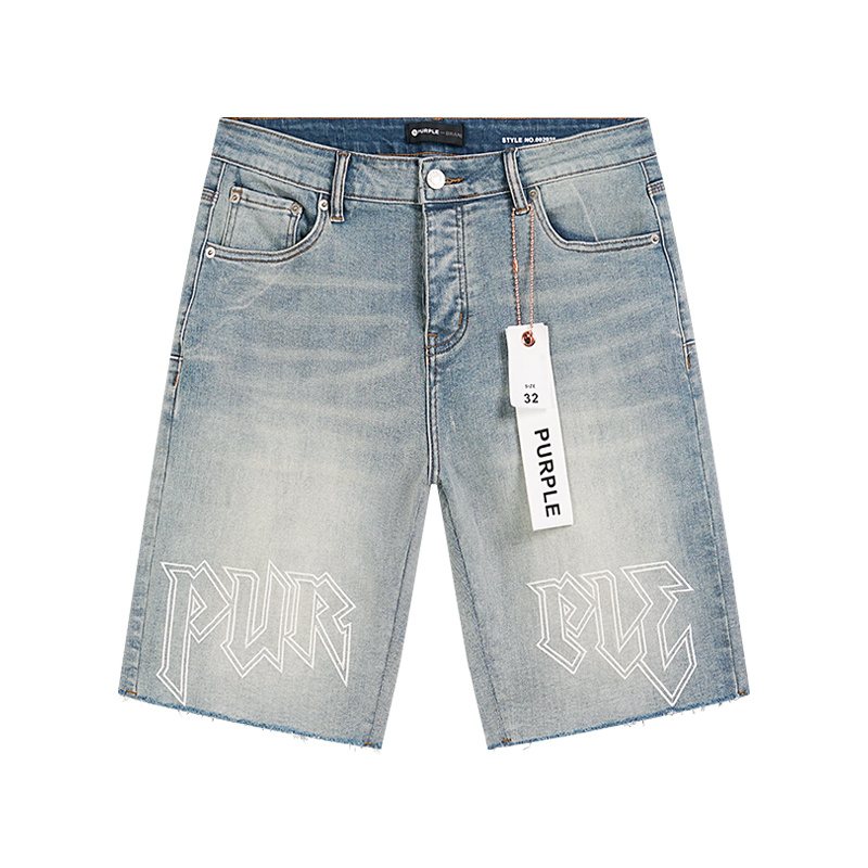 Purple Brand Light Blue Raw Hem Graphic Denim Shorts — hero