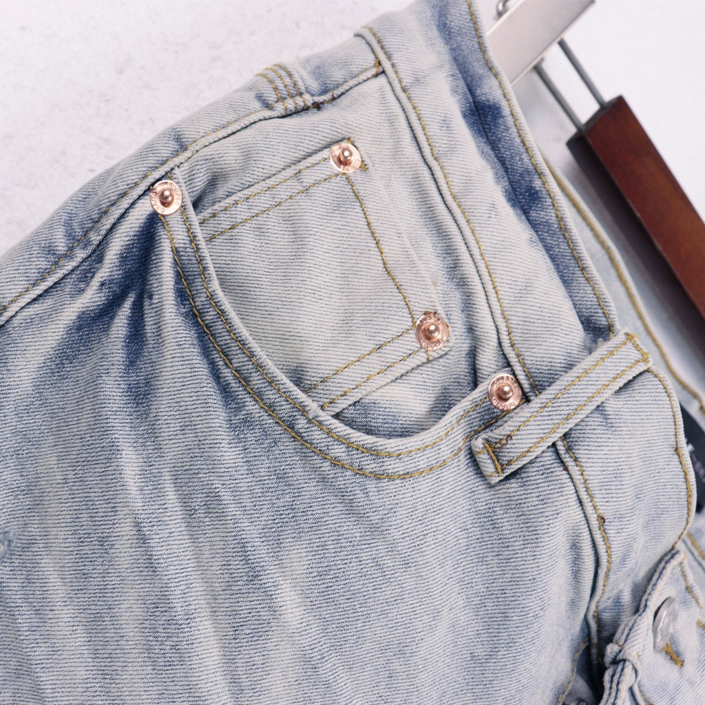 Purple Brand Light Blue Distressed Paint Splatter Jeans — detail
