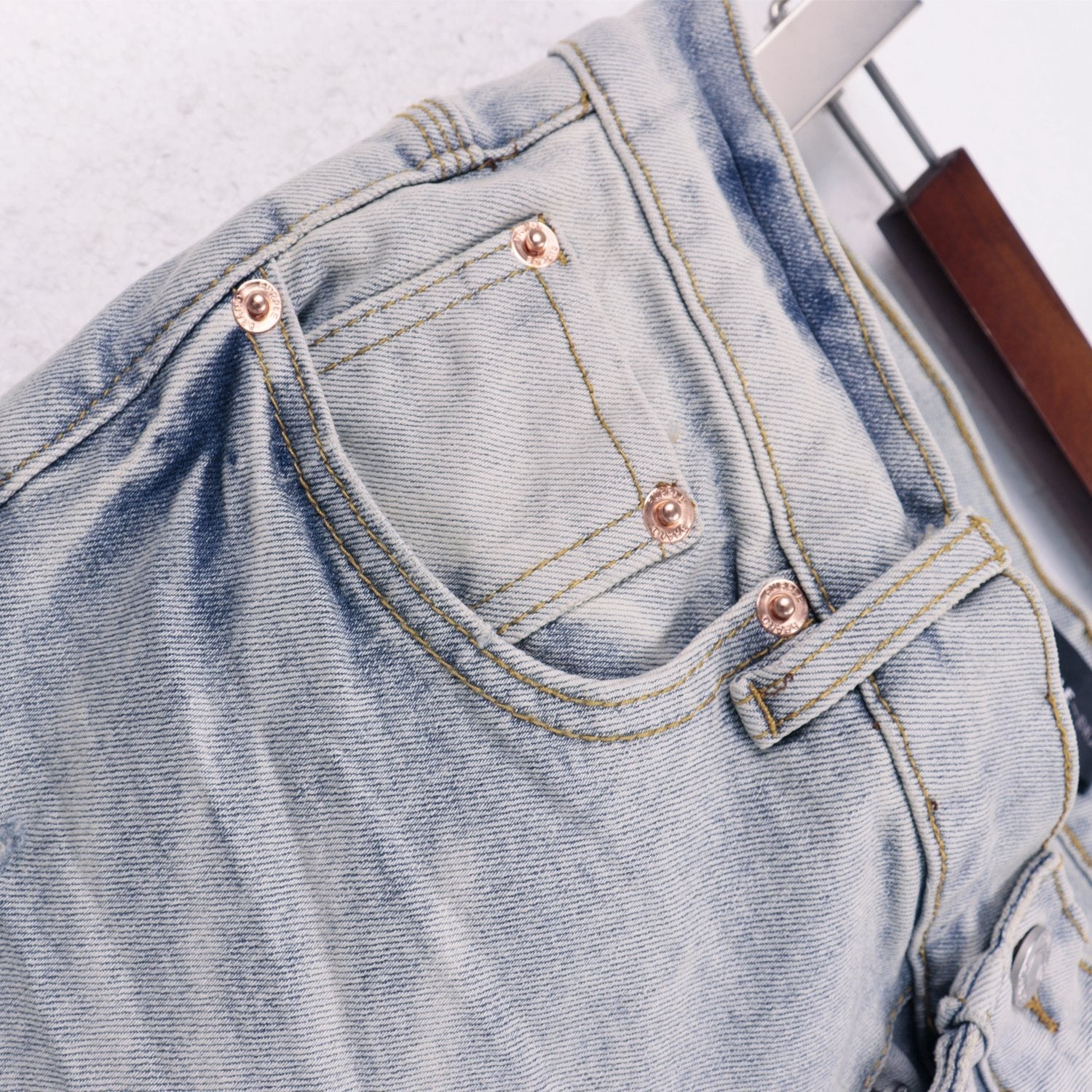 Purple Brand Light Blue Distressed Paint Splatter Jeans — detail
