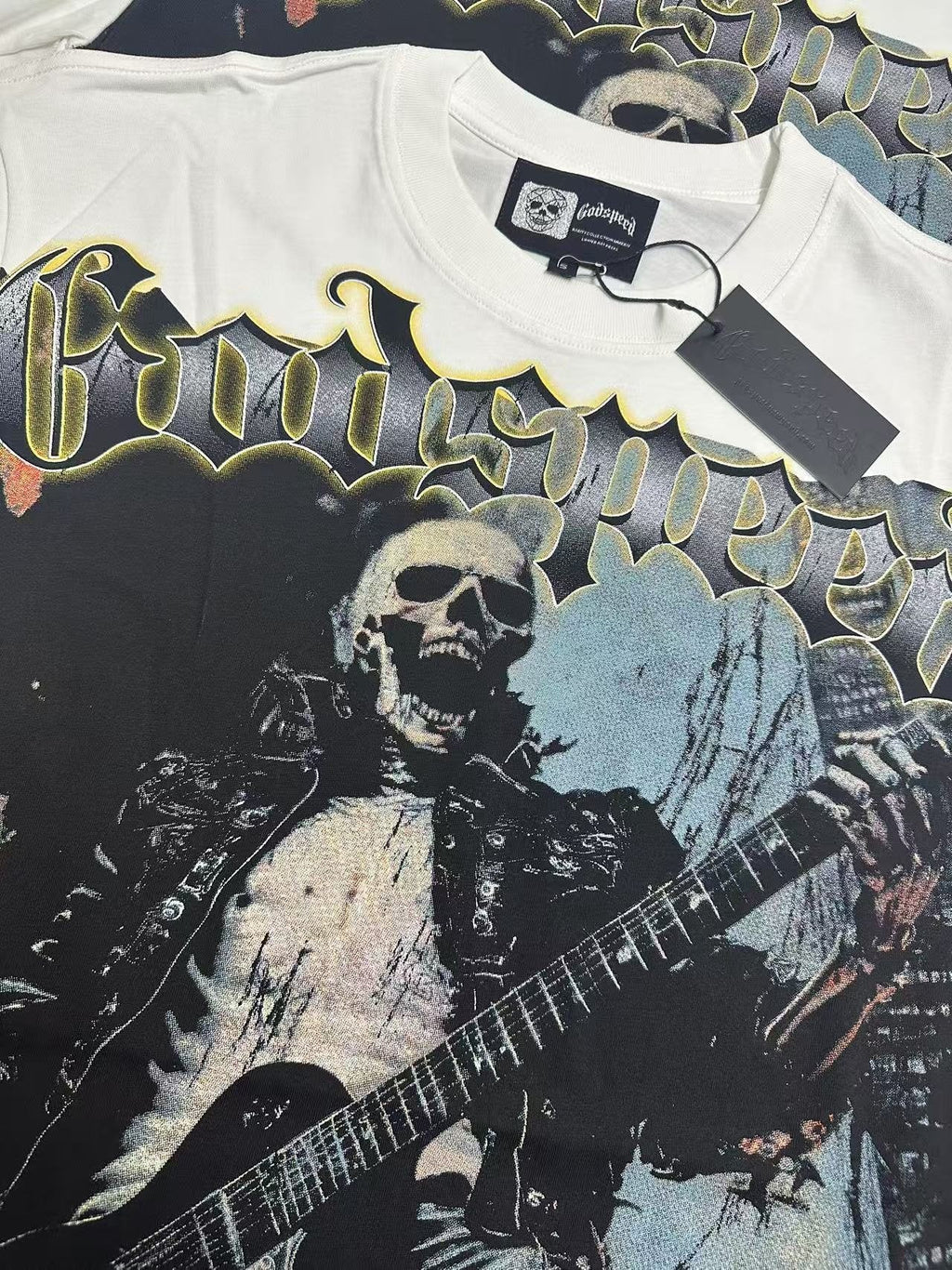 Godspeed Death Before Dishonor Skeleton Guitar Short-Sleeve T-Shirt — hang_tag