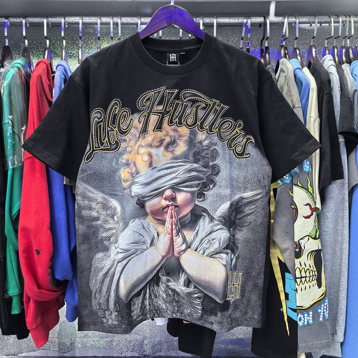 Life Hustlere Praying Angel Rhinestone Graphic T-Shirt — context