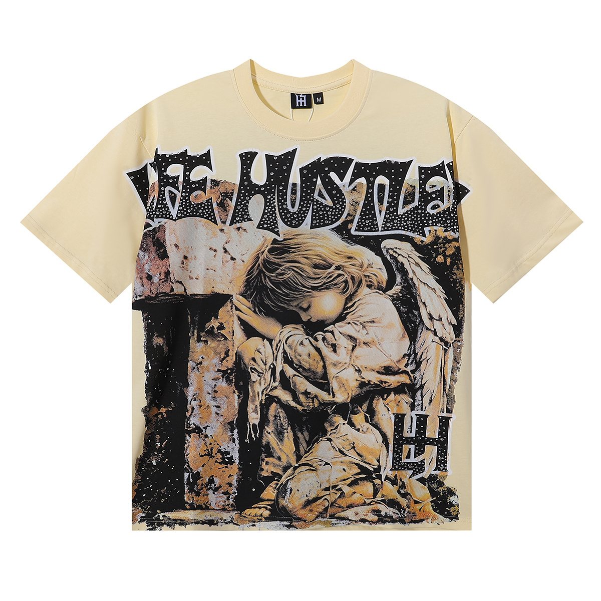 Life Hustlere Praying Angel Rhinestone Graphic T-Shirt — front