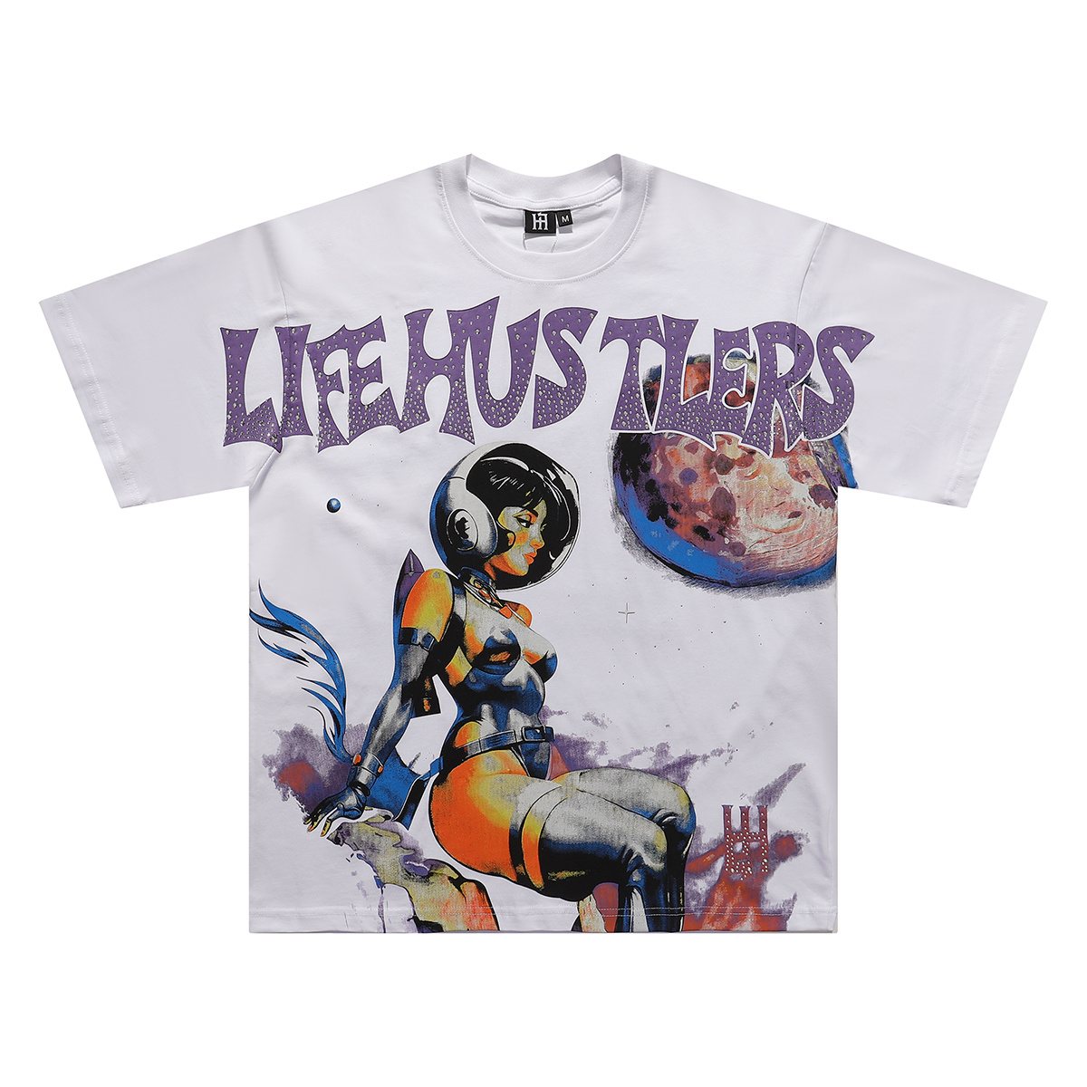 Life Hustlere Sexy Astronaut Rhinestone-Style Graphic T-Shirt — front