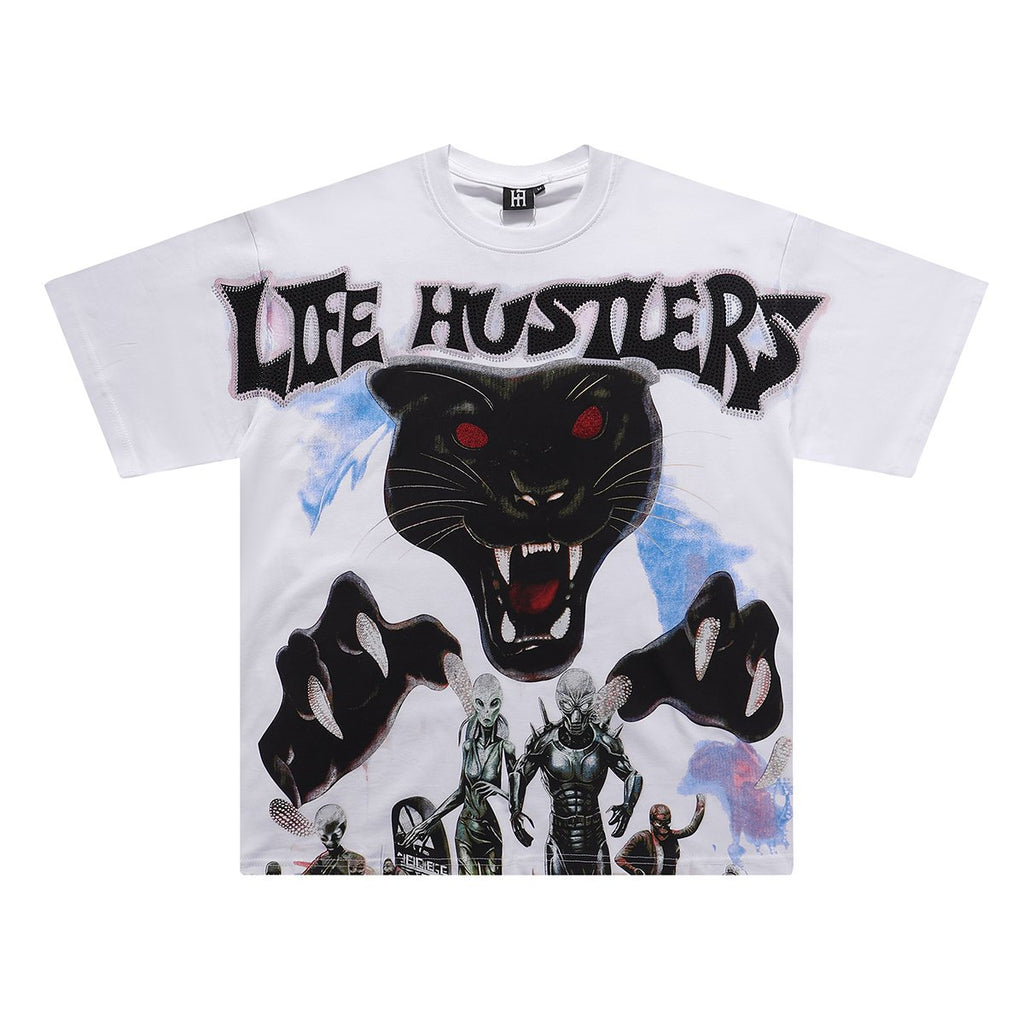Life Hustlere Rhinestone Panther Graphic T-Shirt — front
