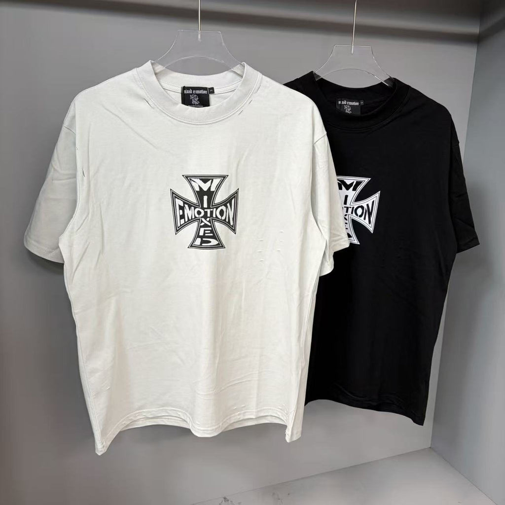 MIXED EMOTION Cross Graphic Distressed T-Shirt — front