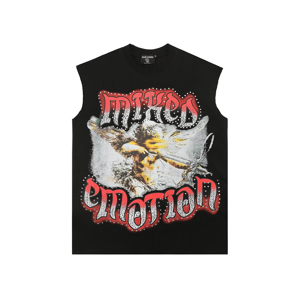 MIXED EMOTION Gothic Rhinestone Sleeveless Graphic T-Shirt — front
