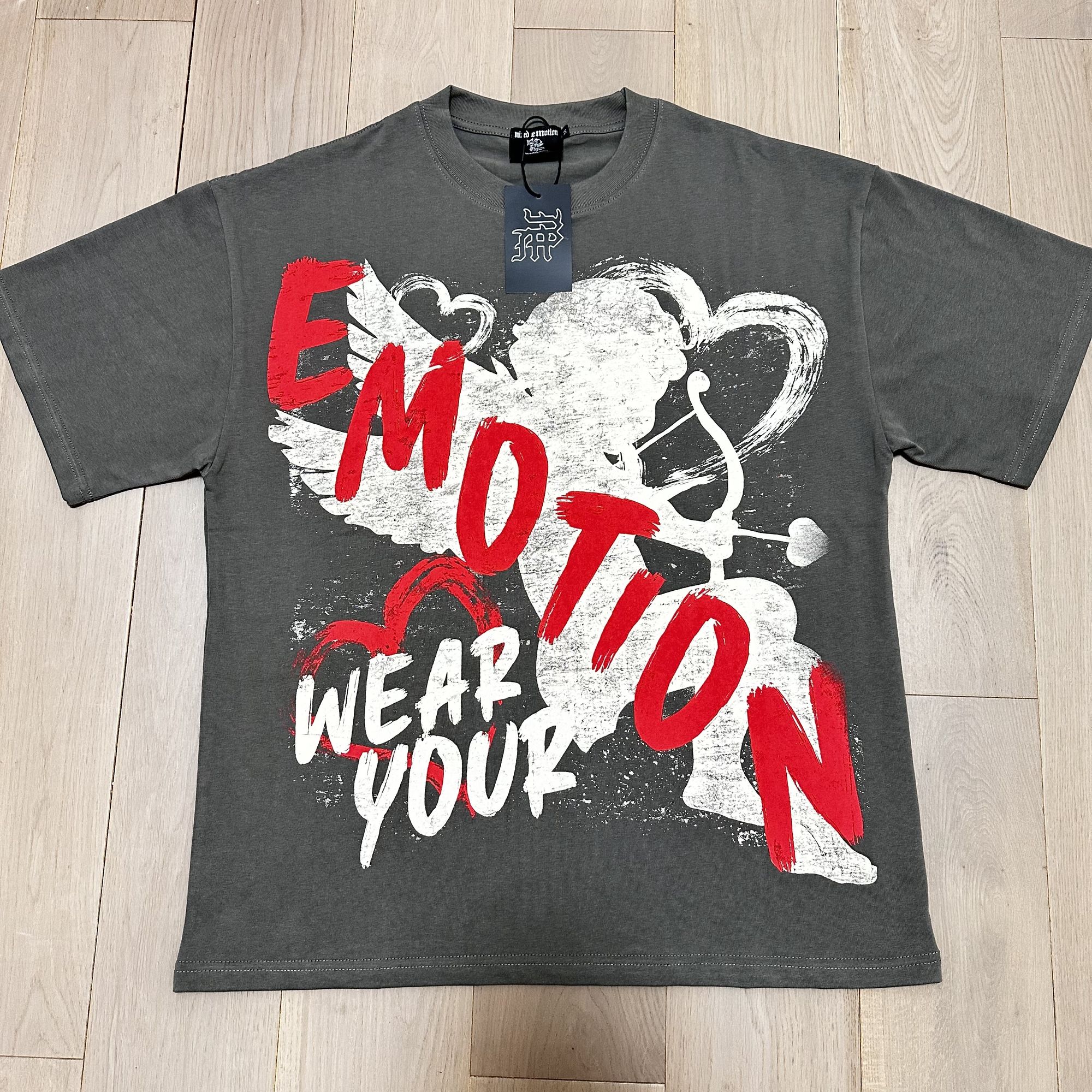 MIXED EMOTION Charcoal Gray Front & Back Graphic T-Shirt — hero