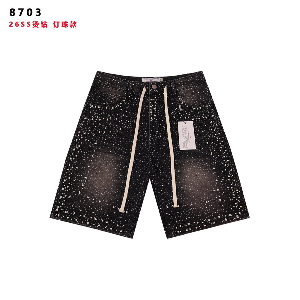 VALE Pearl-Studded Washed Denim Shorts — hero