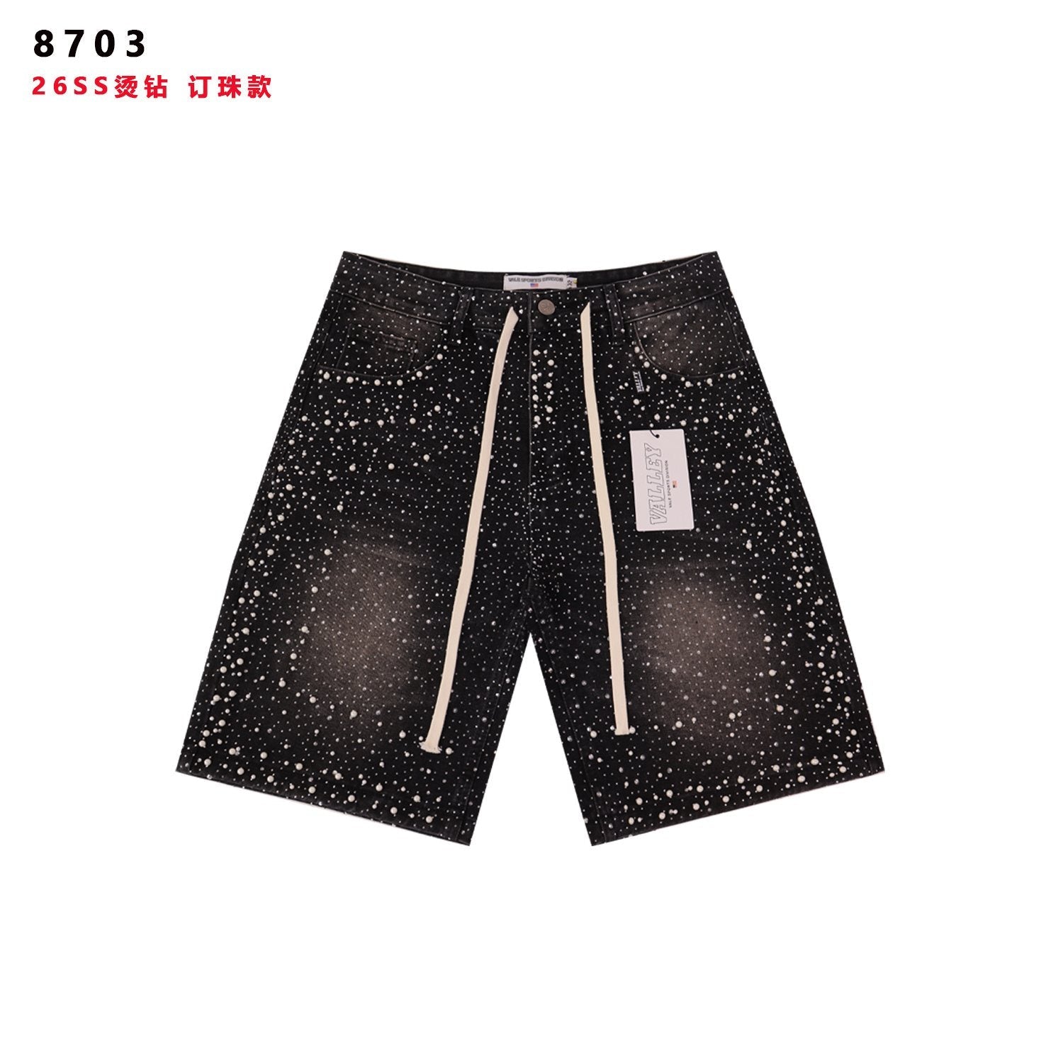 VALE Pearl-Studded Washed Denim Shorts — hero