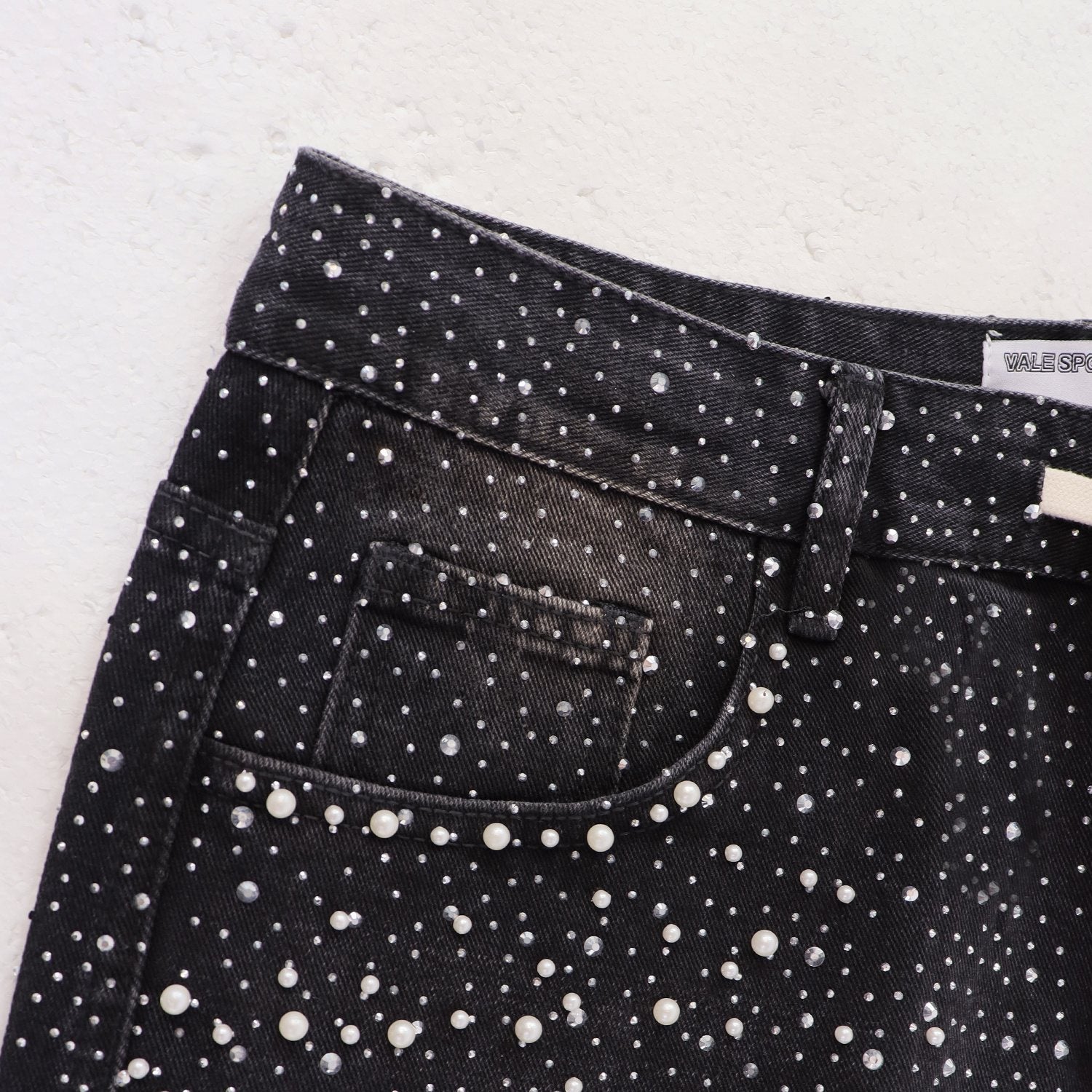 VALE Pearl-Studded Washed Denim Shorts — detail