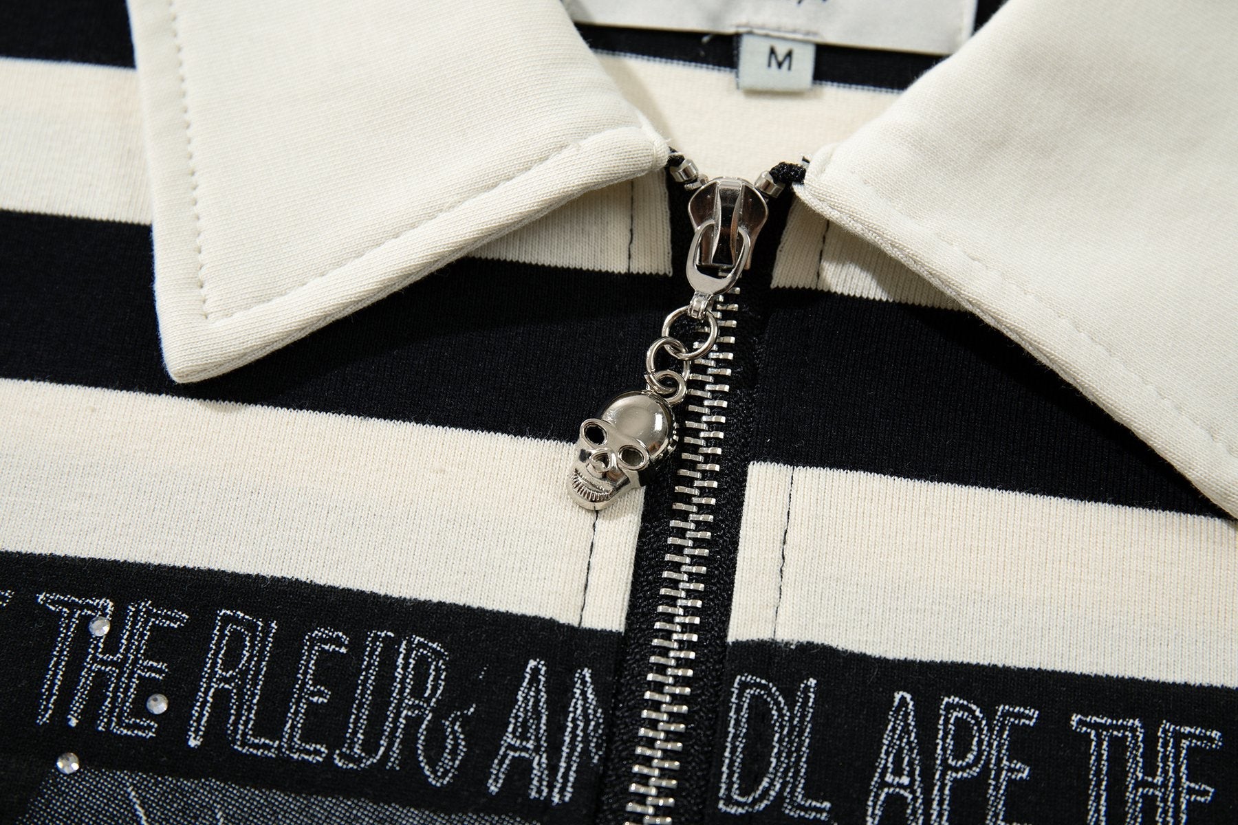 MAJESTIK Skull Graphic Striped Zip-Collar T-Shirt — detail