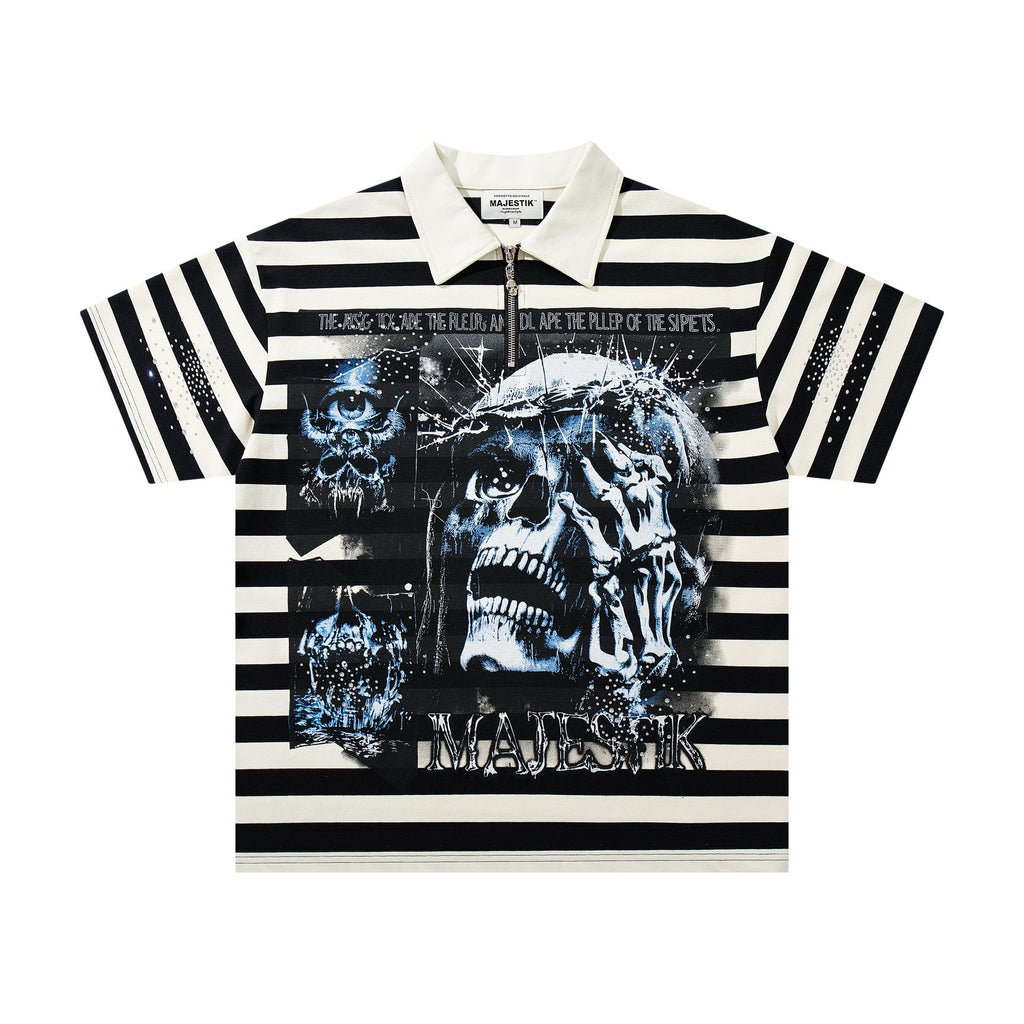 MAJESTIK Skull Graphic Striped Zip-Collar T-Shirt — hero