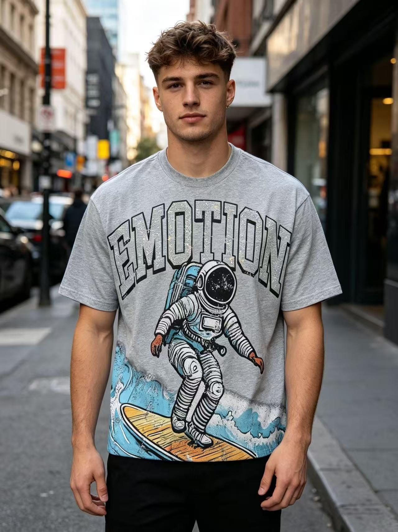 MIXED EMOTION Astronaut Surf Graphic T-Shirt — model