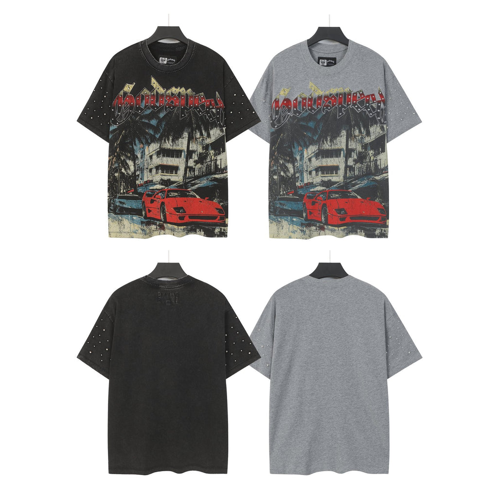 Godspeed Car & Building Graphic Studded-Sleeve T-Shirt — comparison