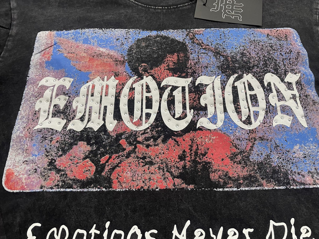 MIXED EMOTION Rhinestone Graphic Acid-Wash T-Shirt — detail