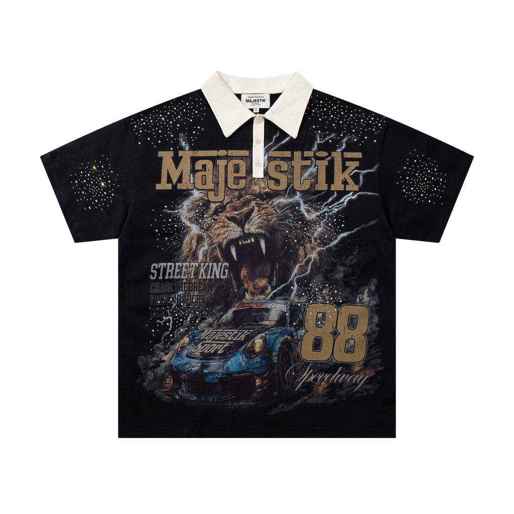 MAJESTIK Black Racing Graphic Polo Shirt — hero