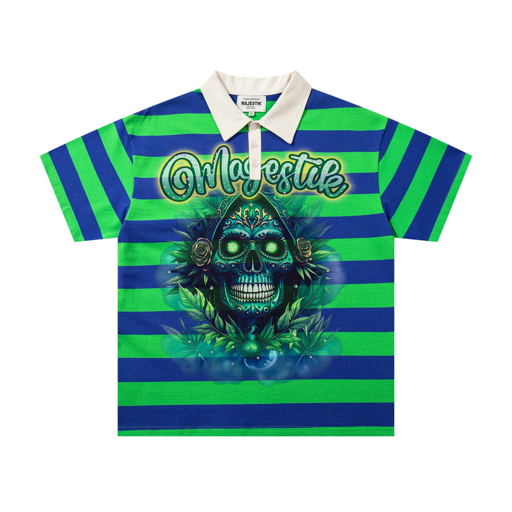 MAJESTIK Green/Blue Striped Skull Graphic Polo Shirt — hero