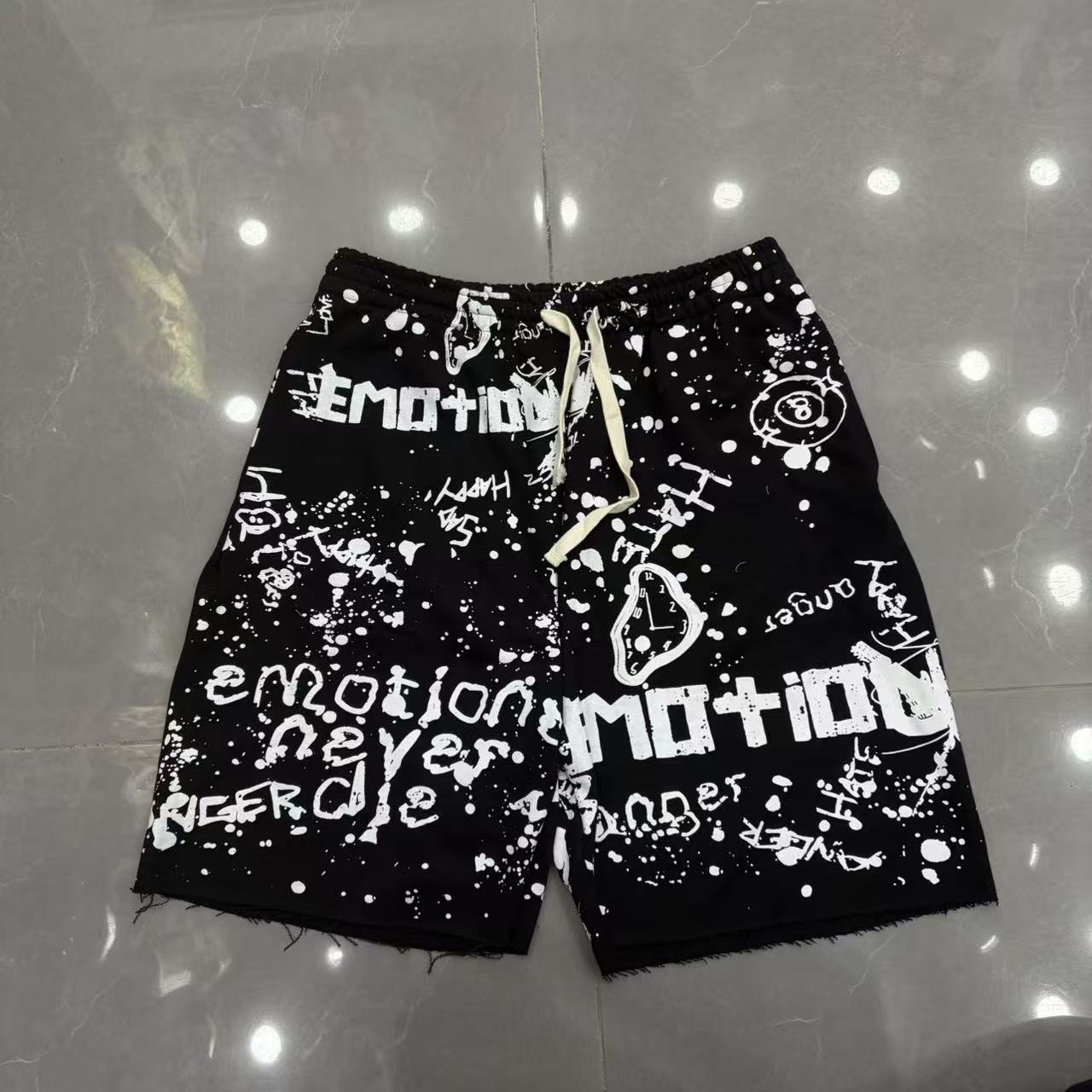MIXED EMOTION Graffiti Paint Splatter Drawstring Shorts — front