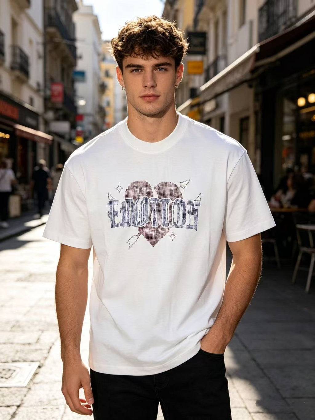 MIXED EMOTION Heart Graphic Short-Sleeve T-Shirt — model
