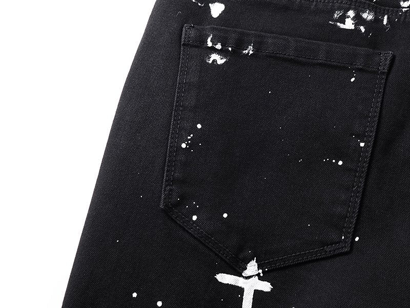 R+A Rest in Peace Cross Patch Paint-Splatter Jeans — detail