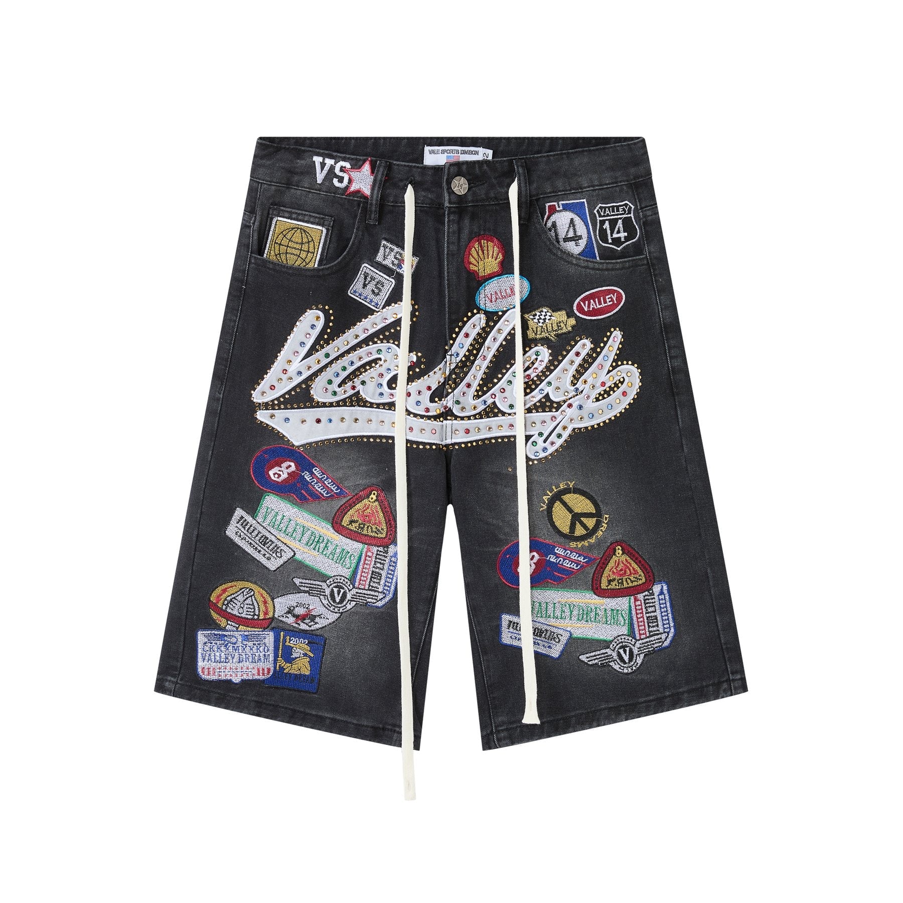 VALE 1980s Patch Rhinestone Denim Shorts — front