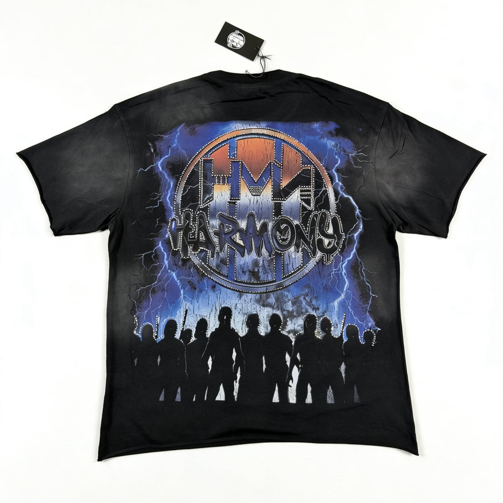 HARMONY New Age Distressed Rhinestone Graphic T-Shirt — back