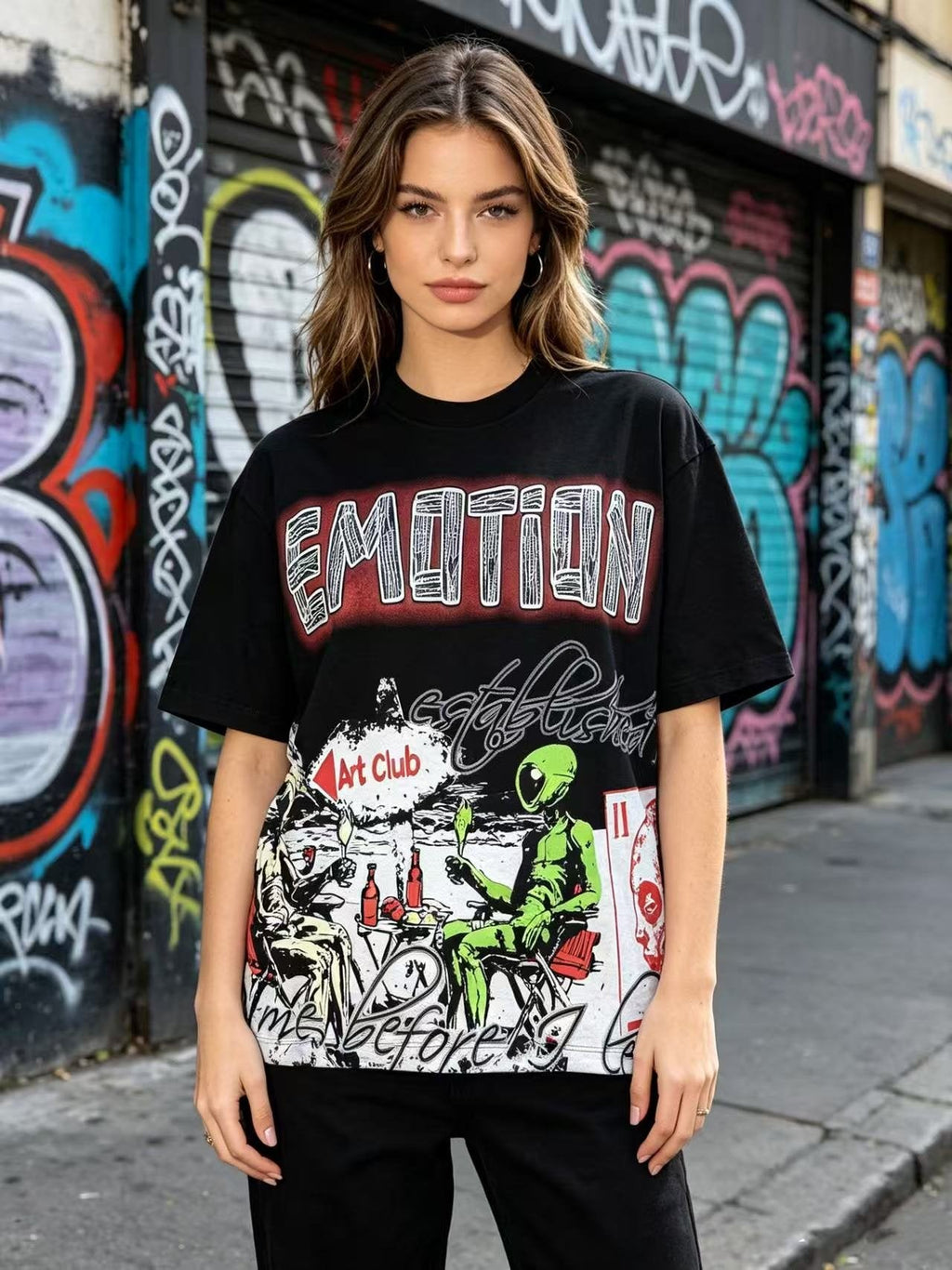 MIXED EMOTION Front and Back Graphic T-Shirt — model