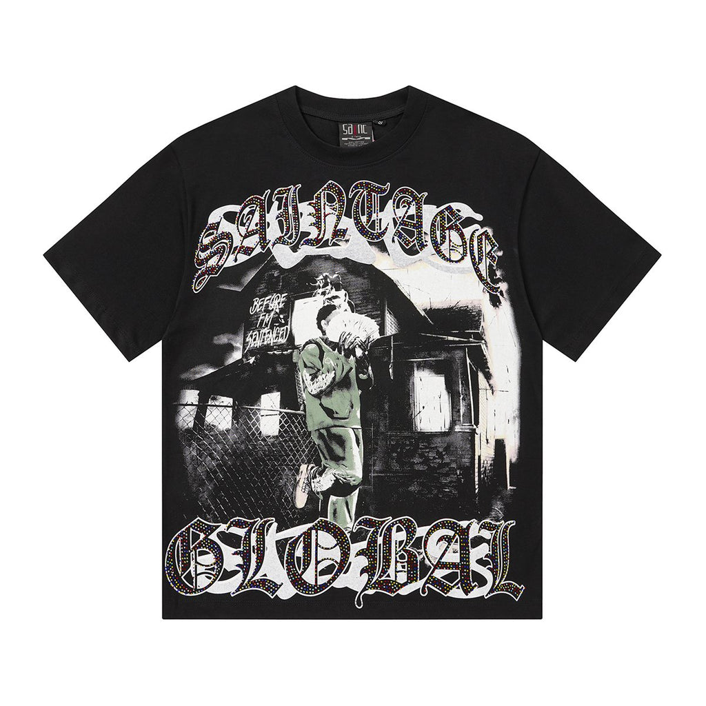 SAINT Black Rhinestone Graphic T-Shirt — front