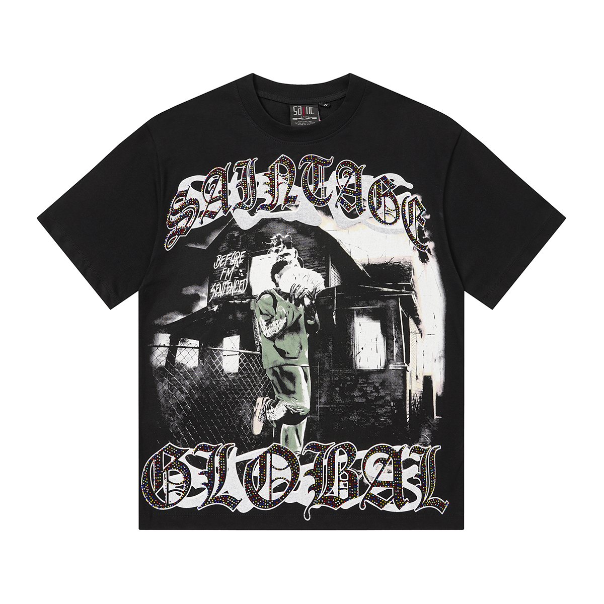 SAINT Black Rhinestone Graphic T-Shirt — front