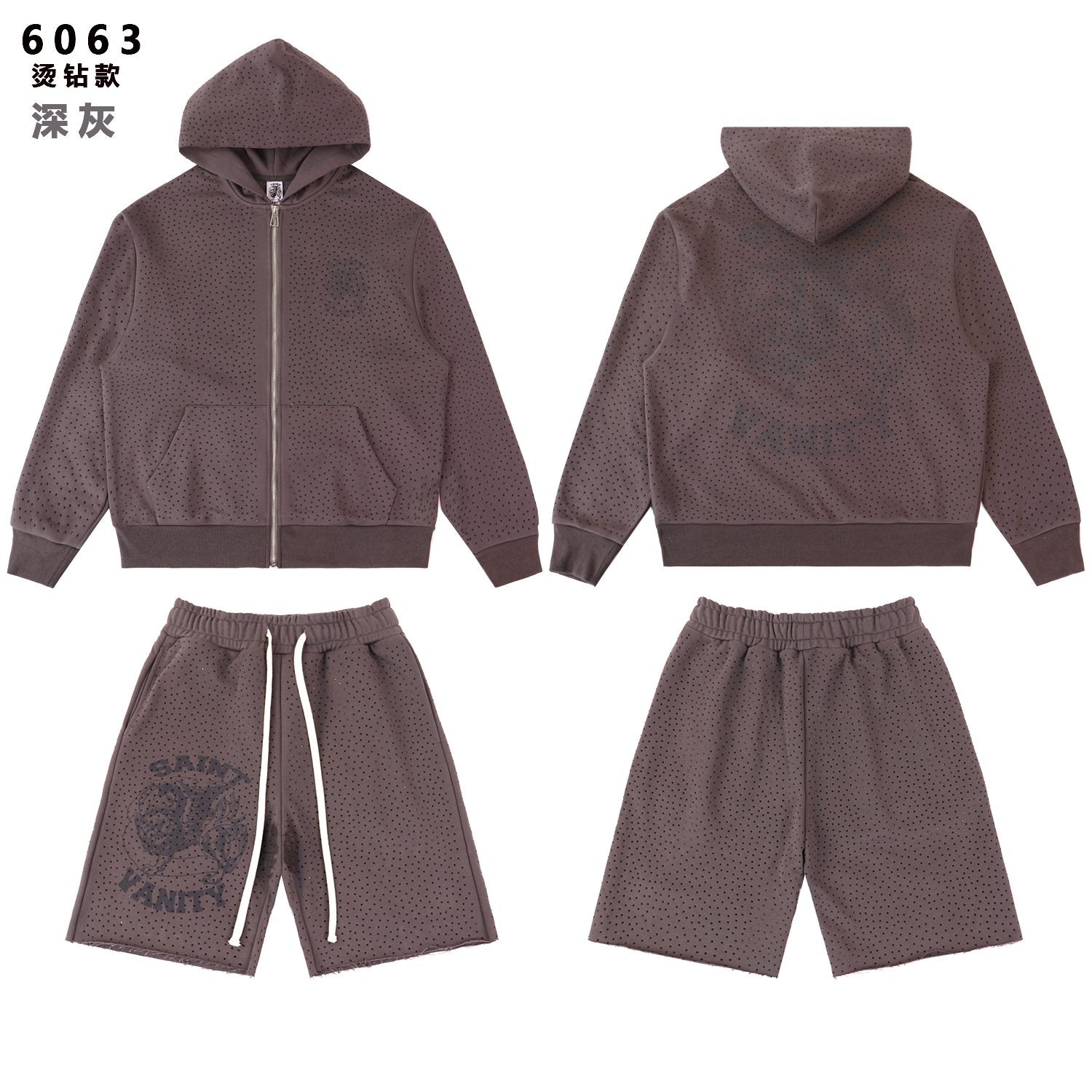 SAINT Vanity Rhinestone Zip Hoodie & Shorts Set — front