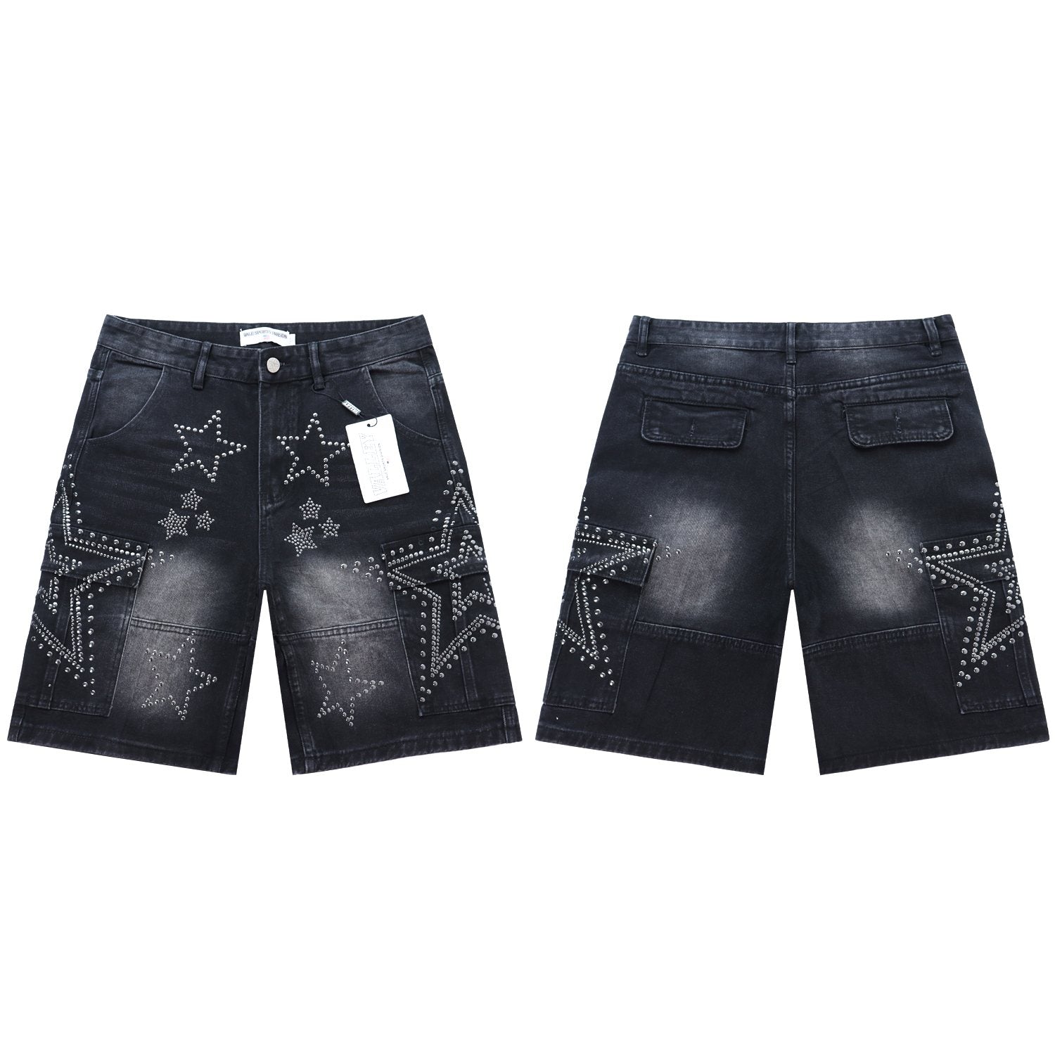 VALLEY Star Rhinestone Denim Cargo Shorts — front