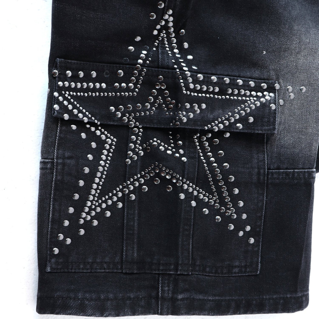 VALLEY Star Rhinestone Denim Cargo Shorts — detail