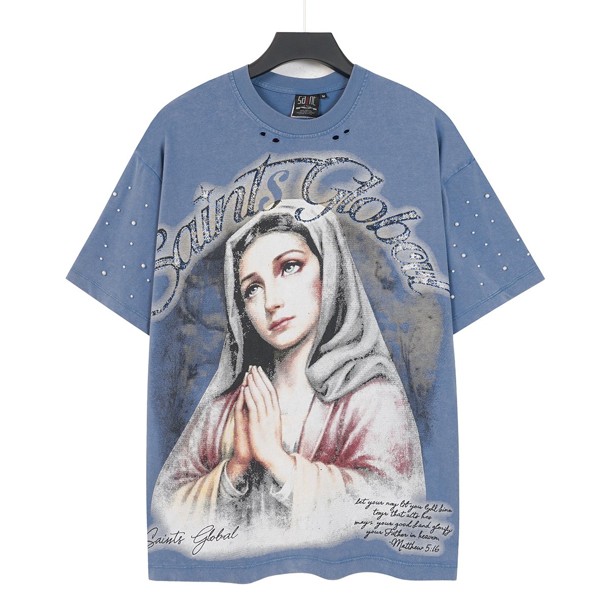SAINT Distressed Rhinestone Graphic T-Shirt — front