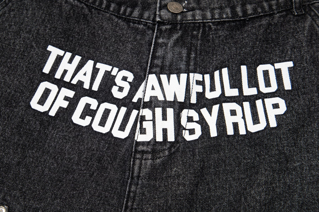 THAT'S A AWFUL LOT OF COUGH SYRUP Washed Denim Graphic Shorts — detail