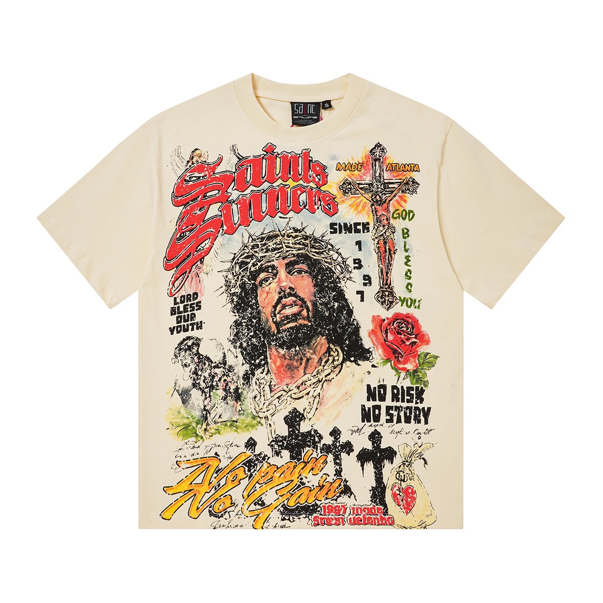 SAINT Religious-Inspired Graphic Short-Sleeve T-Shirt — front