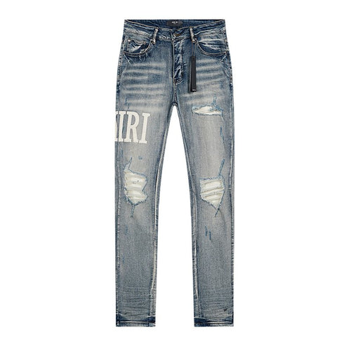 AMIRI Light Blue Distressed Letter Applique Jeans — front