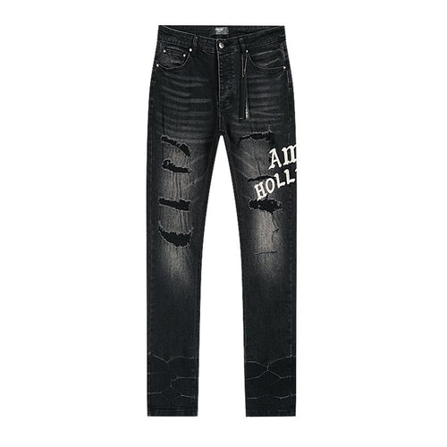 AMIRI Hollywood Lettering Distressed Jeans in Black — front