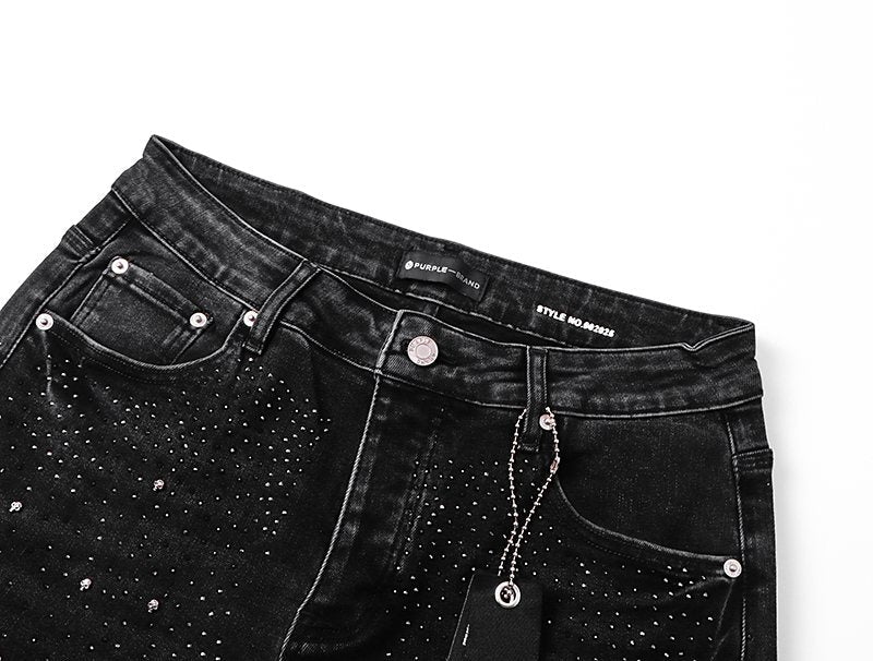 Purple Brand Black Rhinestone Splatter Denim Shorts — detail
