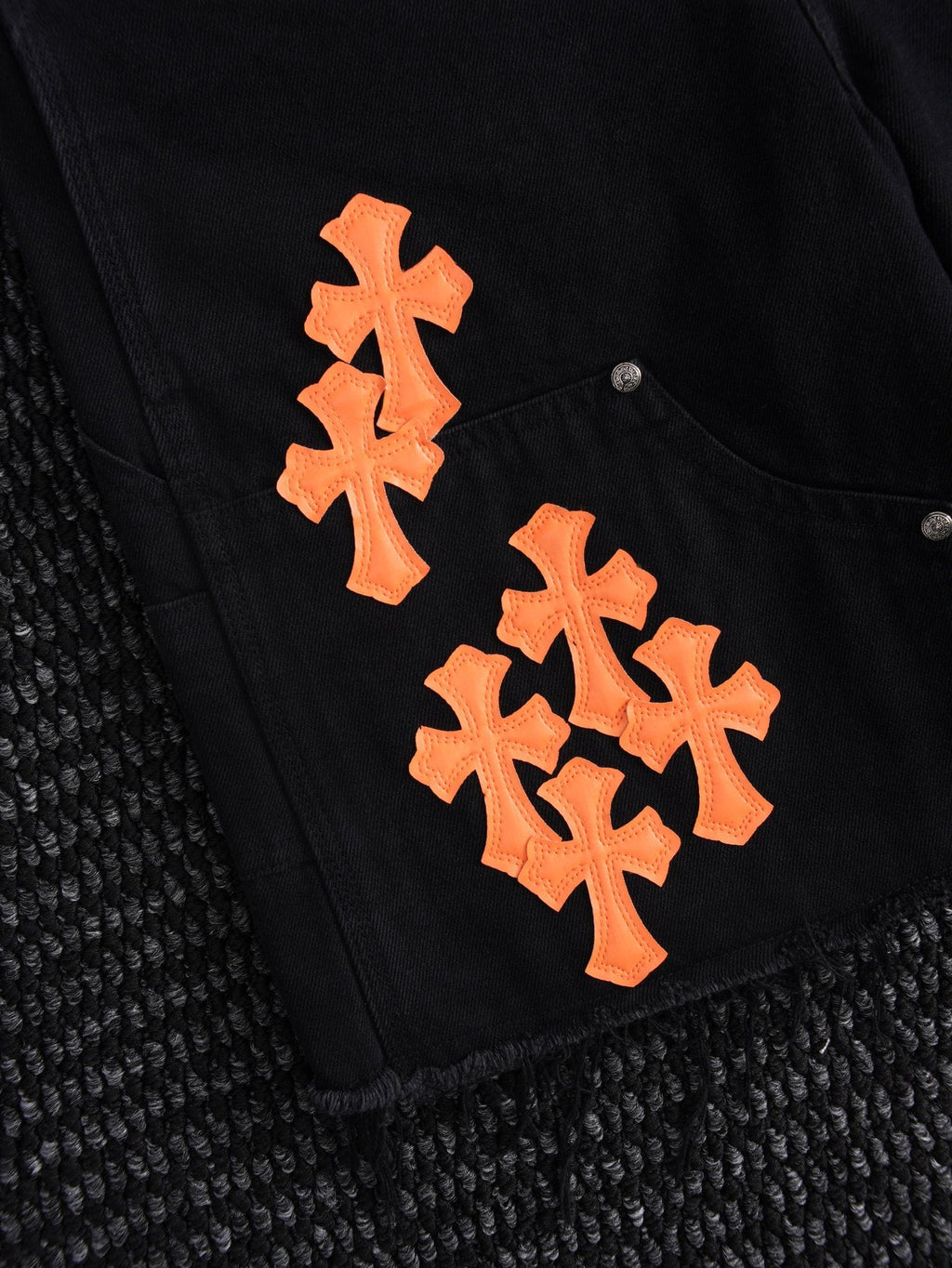 Chrome Hearts Orange Cross Patch Denim-Style Shorts — detail
